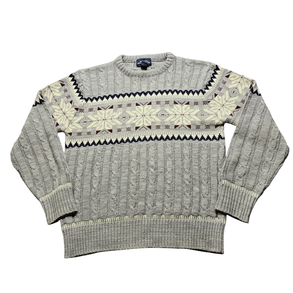 Mervyns Mens Vintage Fair Isle‎ Cable Knit Sweater Grey Snowflake Size Medium